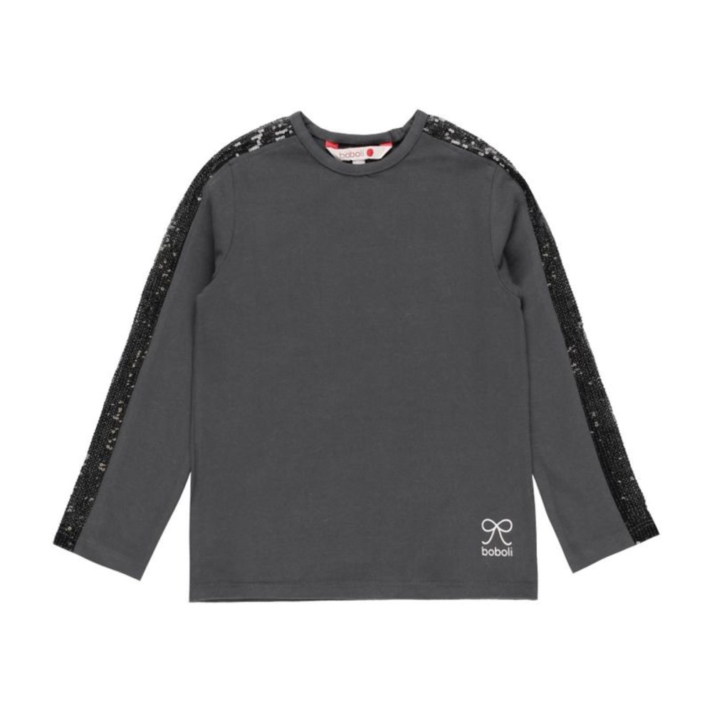 Gray Long Sleeve Kids Shirt with Sequins Stropes on Sleeve